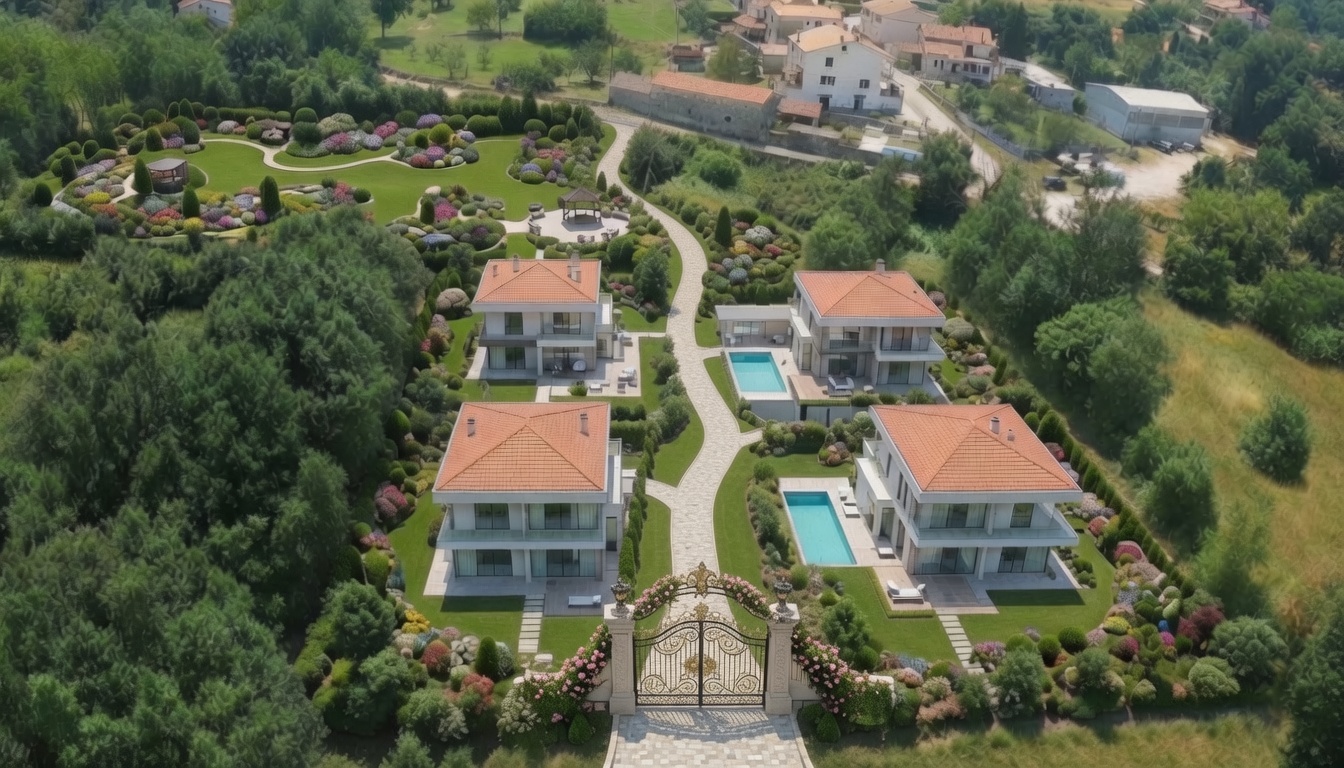 Aerial view of the land and surroundings